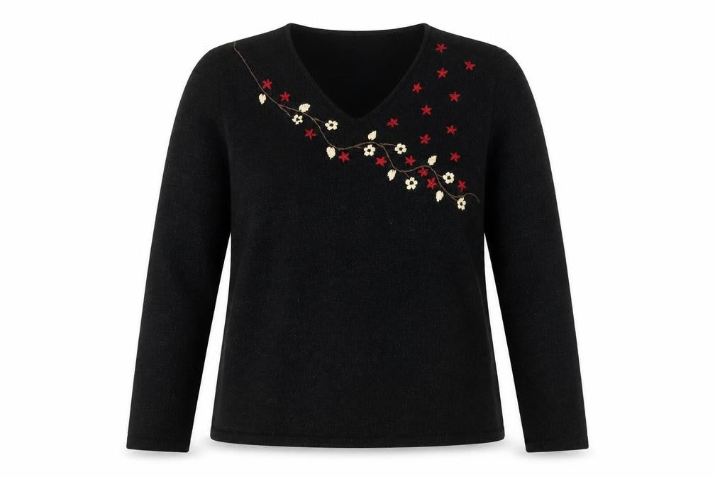 Collection Womens Black V-Neck Floral Acrylic Pullover Jumper Size 14