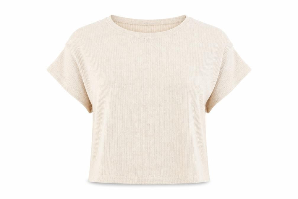 Front view of Preowrn women’s beige polyester cropped t-shirt, size L, round neck