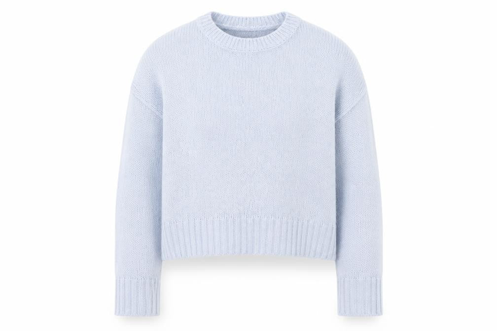 Front view of New Look women’s blue round neck acrylic jumper, size S