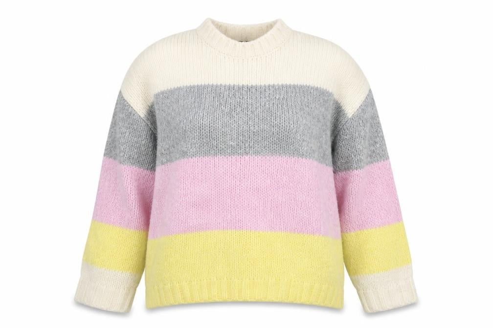 Front view of New Look women’s multicoloured round neck striped acrylic jumper, size S