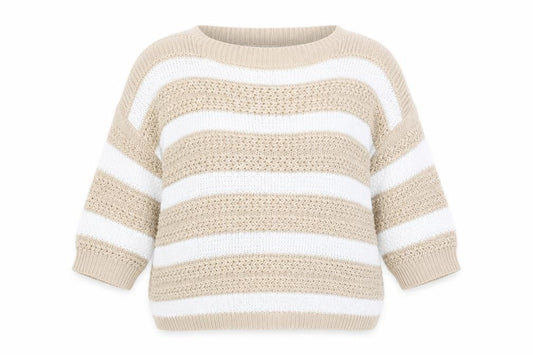 Front view of F&F women’s multicoloured round neck striped acrylic jumper, size UK 12