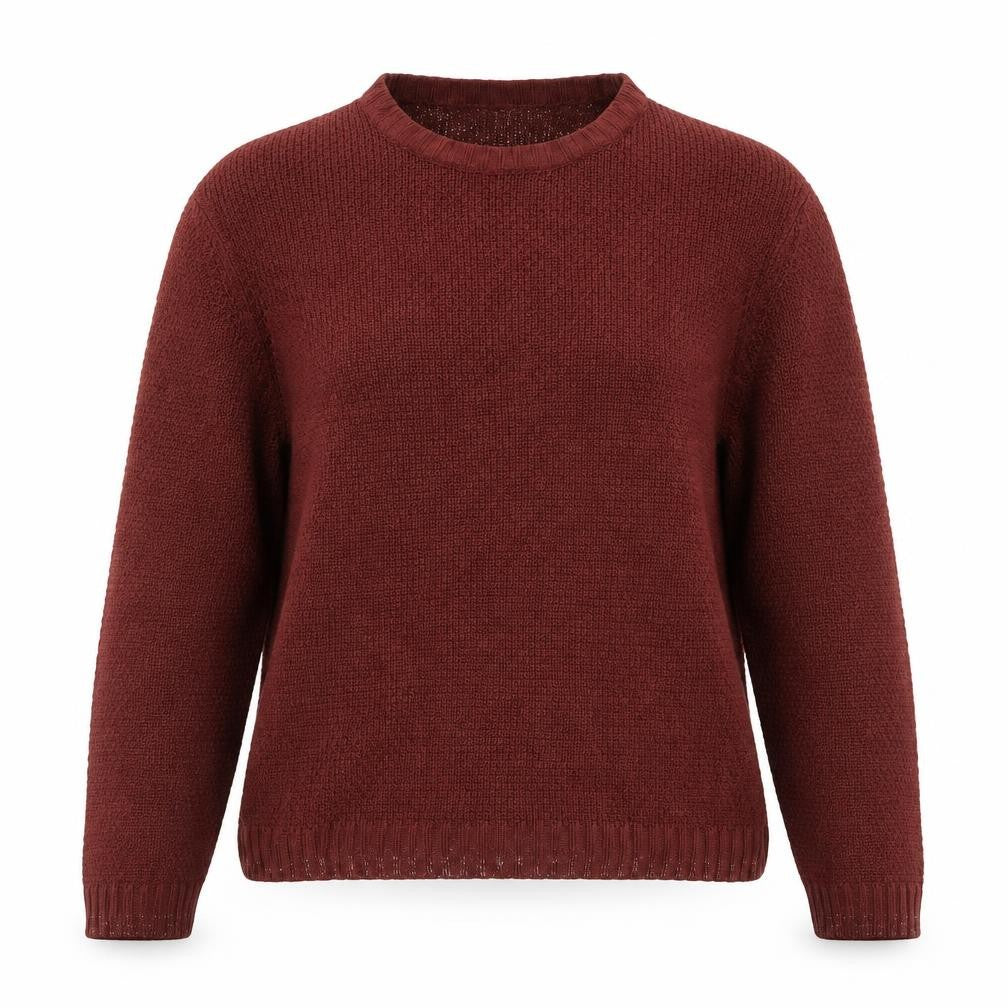Front view of F&F women’s brown round neck acrylic jumper, size M