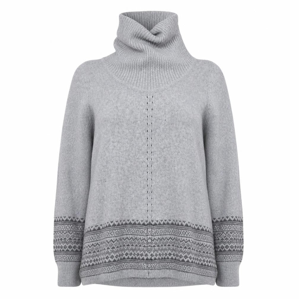 Front view of BHS women’s grey high neck geometric viscose jumper, size UK 16