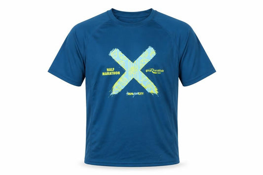 Front view of Preworn men’s blue polyester t-shirt, size M, round neck