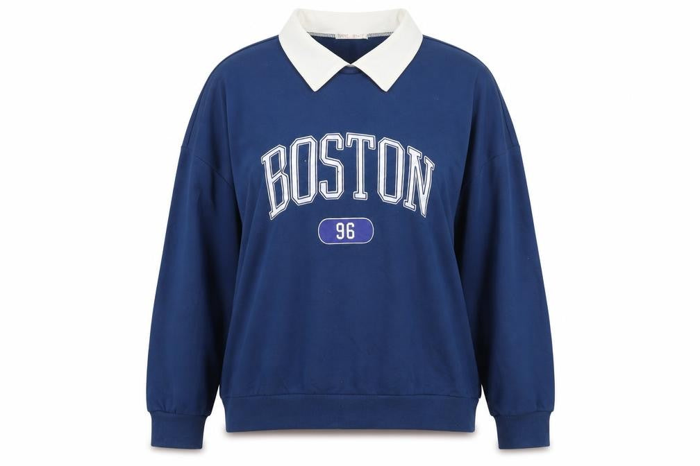 Front view of ROMWE women’s blue polyester pullover sweatshirt, size M