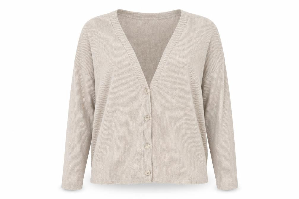 Front view of Pep&Co women’s brown v-neck polyester cardigan jumper, size UK 8