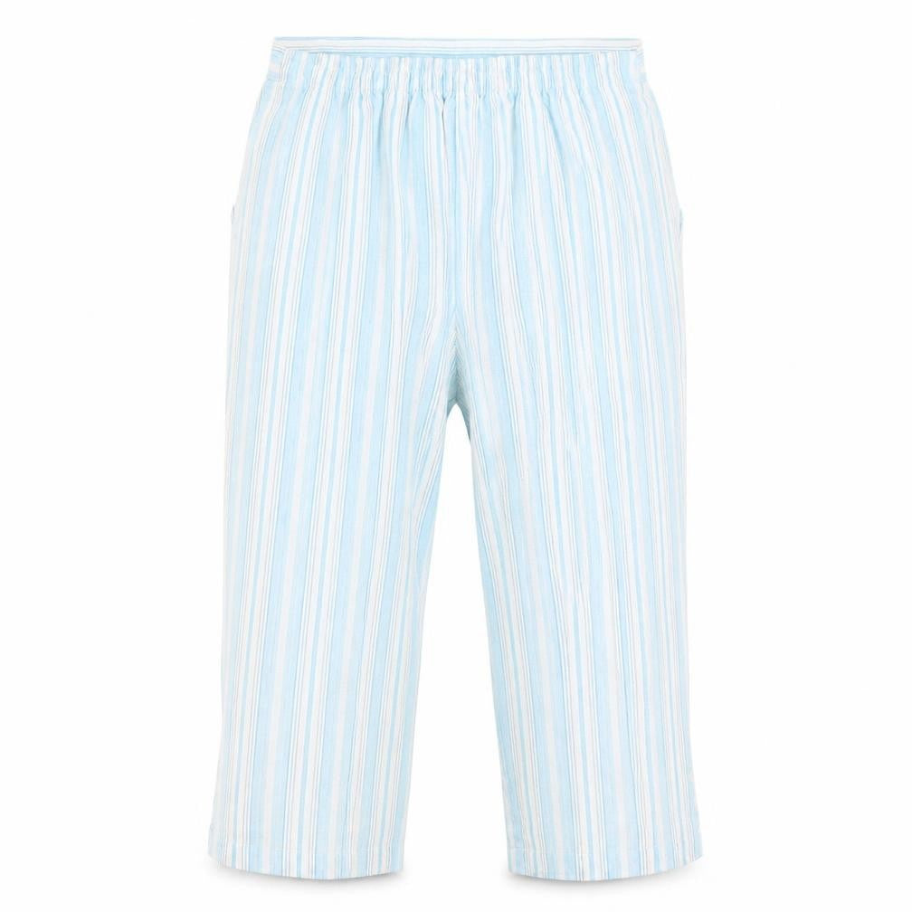 Front view of Dixie women’s blue striped polyester trousers, size UK 14, 20-inch leg regular