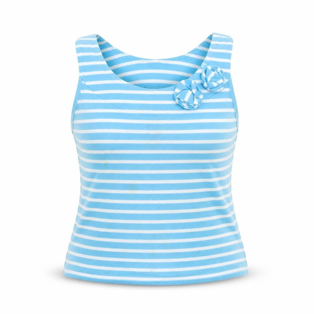 Front view of CMD women’s blue striped polyester basic tank, size M, round neck