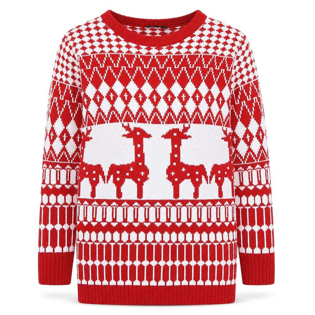 Front view of iclosam women’s red crew neck geometric acrylic jumper, size S