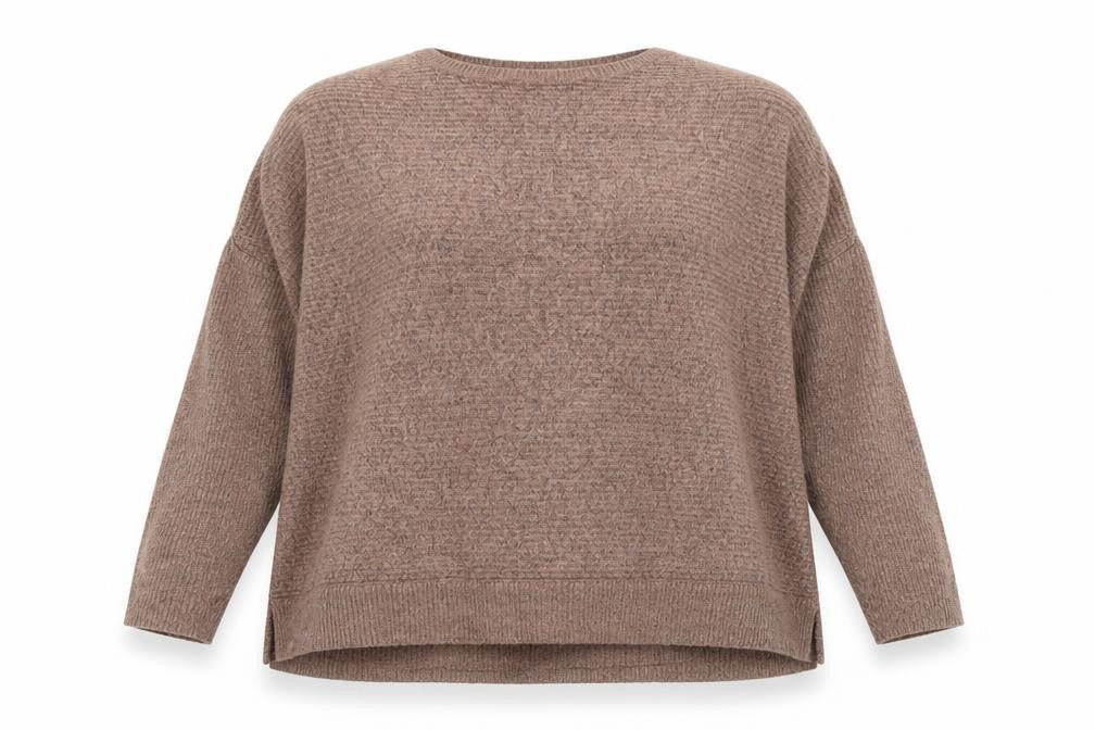 Front view of New Look women’s brown crew neck acrylic jumper, size S, - oversized