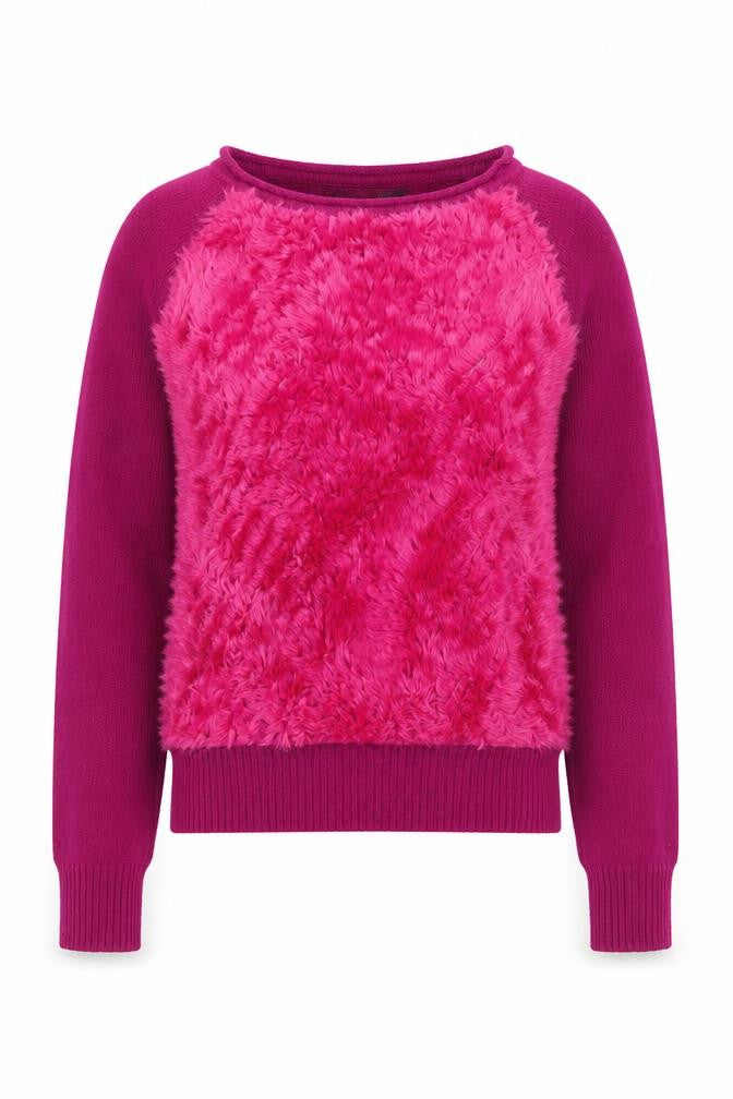 Front view of French Connection women’s purple round neck modacrylic jumper, size S