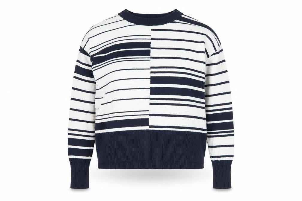Front view of Topshop women’s white crew neck striped viscose jumper, size UK 6