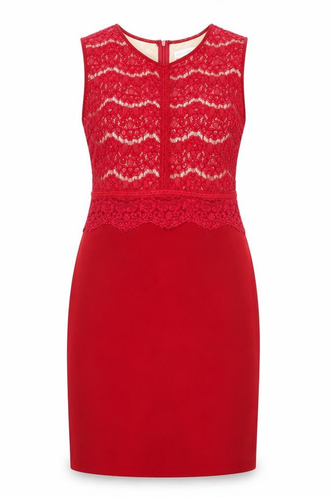 Front view of Marc Angelo women’s red cotton shift, size UK 14, round neck zip