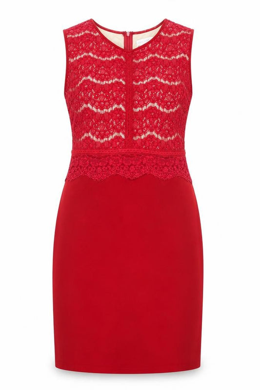 Front view of Marc Angelo women’s red cotton shift, size UK 14, round neck zip