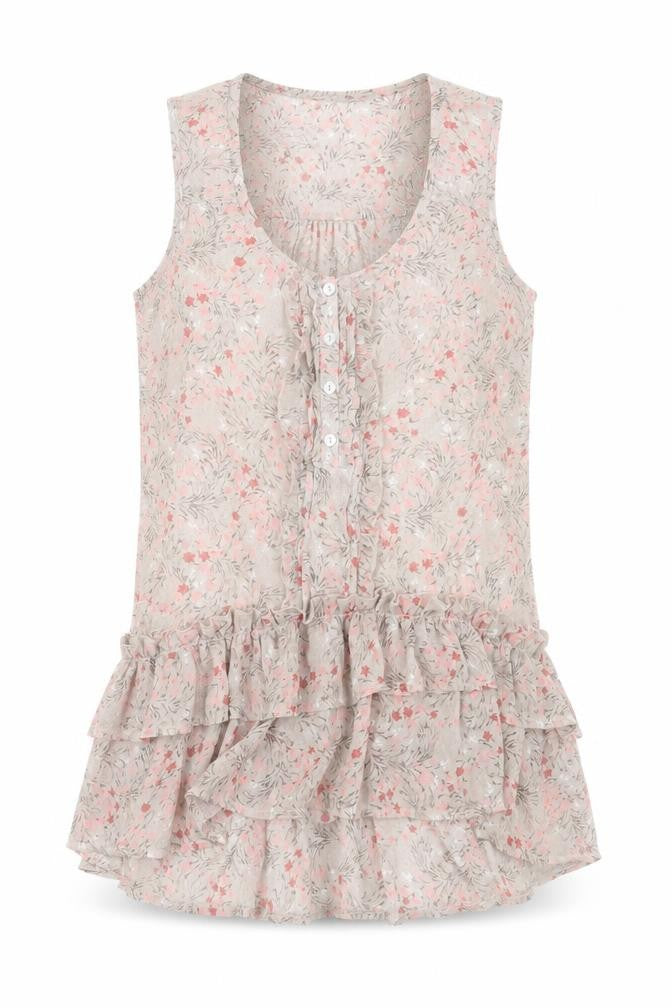 Front view of Atmosphere women’s brown floral polyester basic tank, size UK 8, crew neck