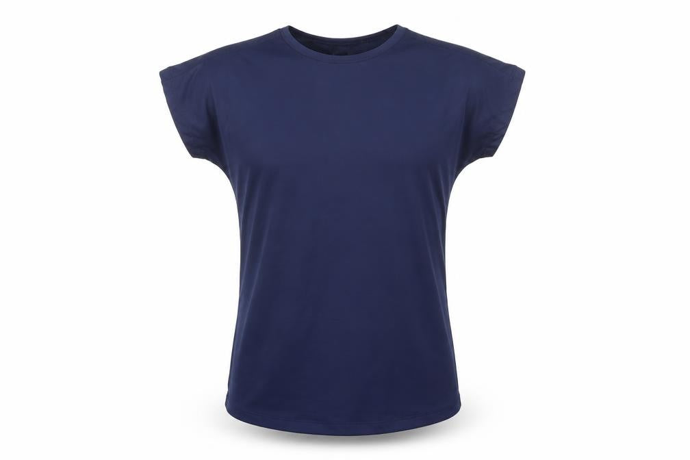 Front view of Dunnes men’s blue polyester basic t-shirt, size S, crew neck pullover