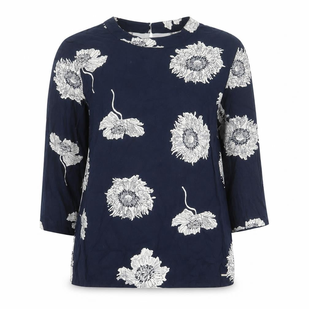 Front view of Quiosque women’s blue floral viscose basic t-shirt, size UK 8, crew neck