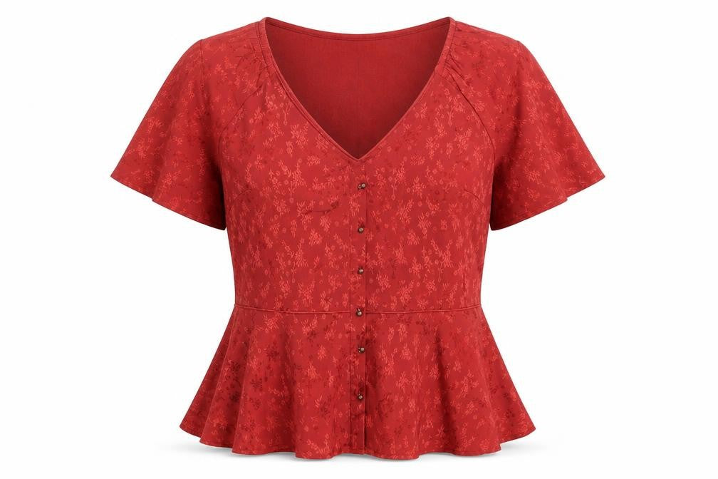 Front view of Nine by Savannah Miller women’s red floral polyester basic t-shirt, size UK 12, v-neck