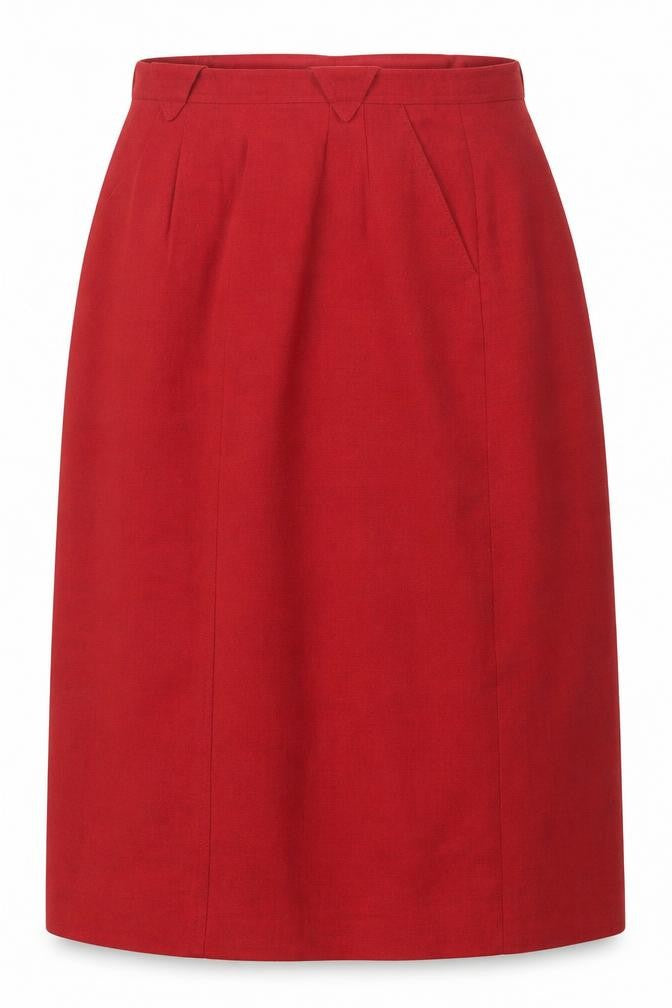 Front view of Paul Costelloe women’s red polyester a-line skirt, size UK 8, button