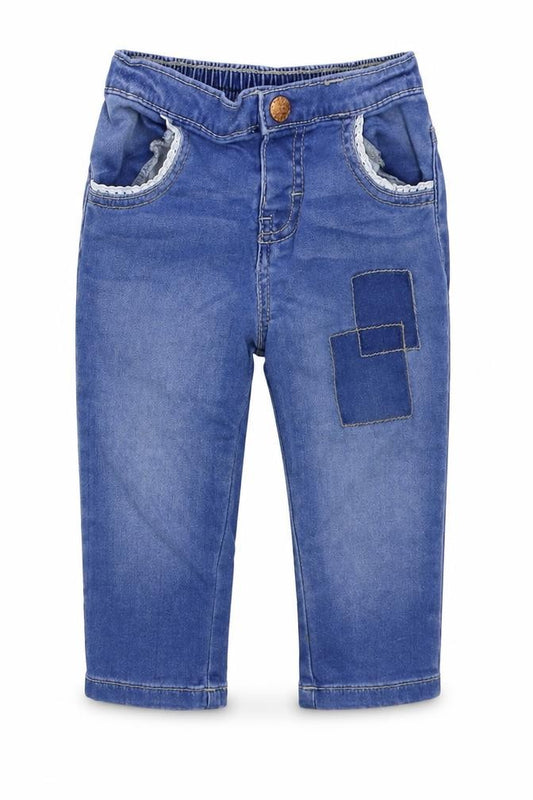 Front view of F&F girls’ blue cotton jeans, size 9-12, months button