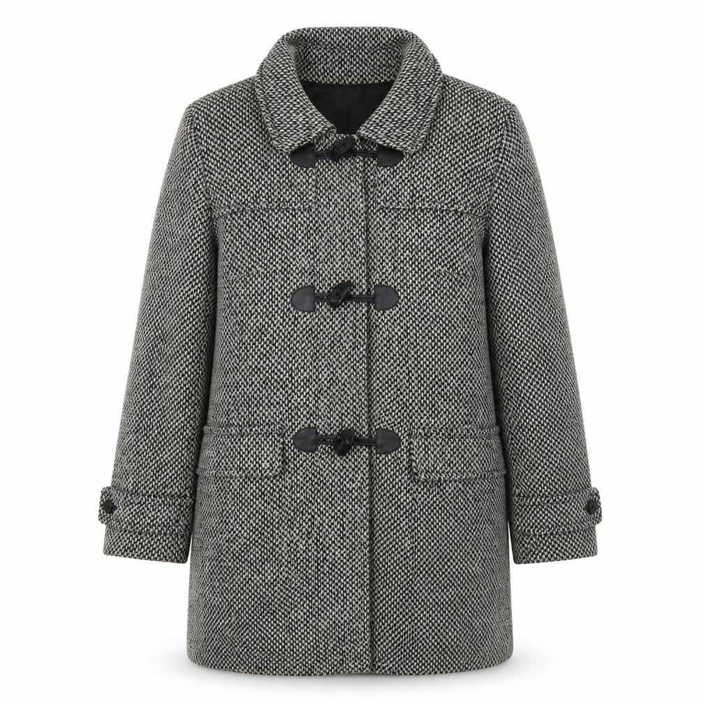Front view of Lebek women’s grey herringbone pea coat coat, size UK 14, button