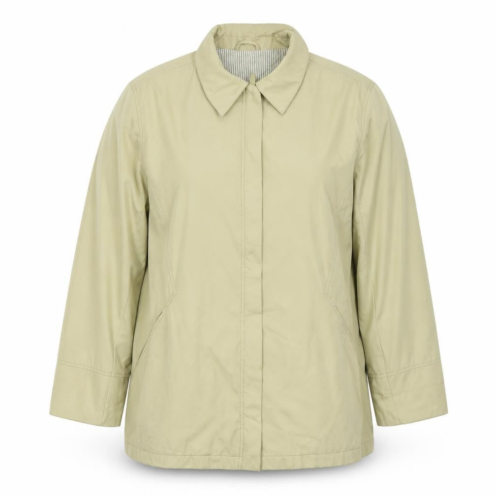 Front view of Preworn women’s beige jacket, size UK 16, zip