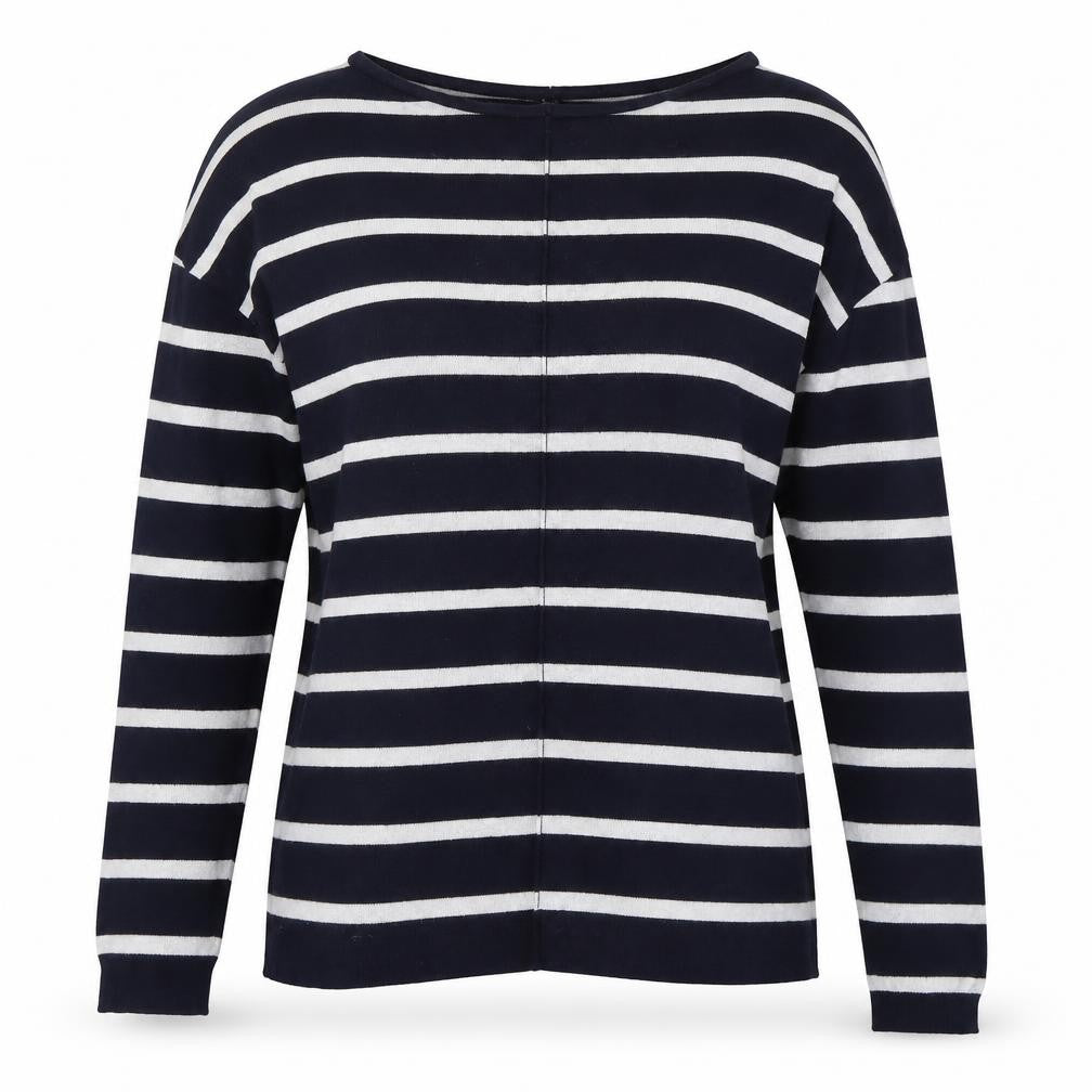 Front view of Atmosphere women’s blue boat neck striped viscose jumper, size UK 8