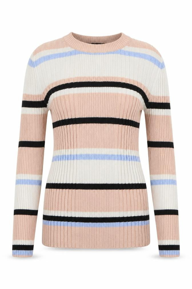 Front view of Atmosphere women’s pink crew neck striped nylon jumper, size UK 6