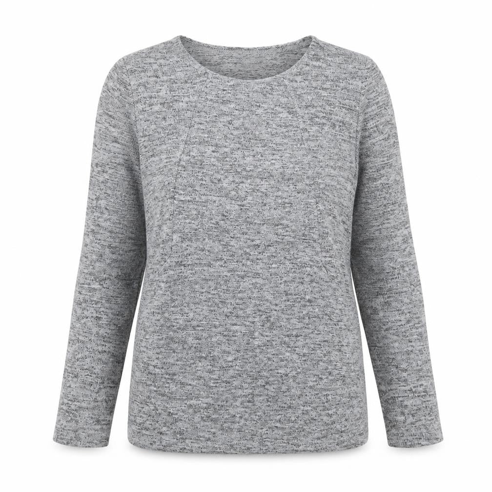 Front view of Izabel London women’s grey round neck polyester jumper, size UK 8