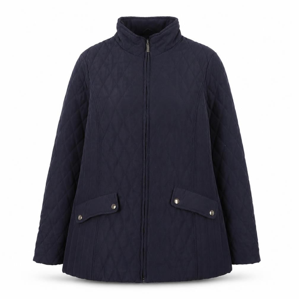 Front view of BHS women’s blue quilted coat, size UK 12, zip