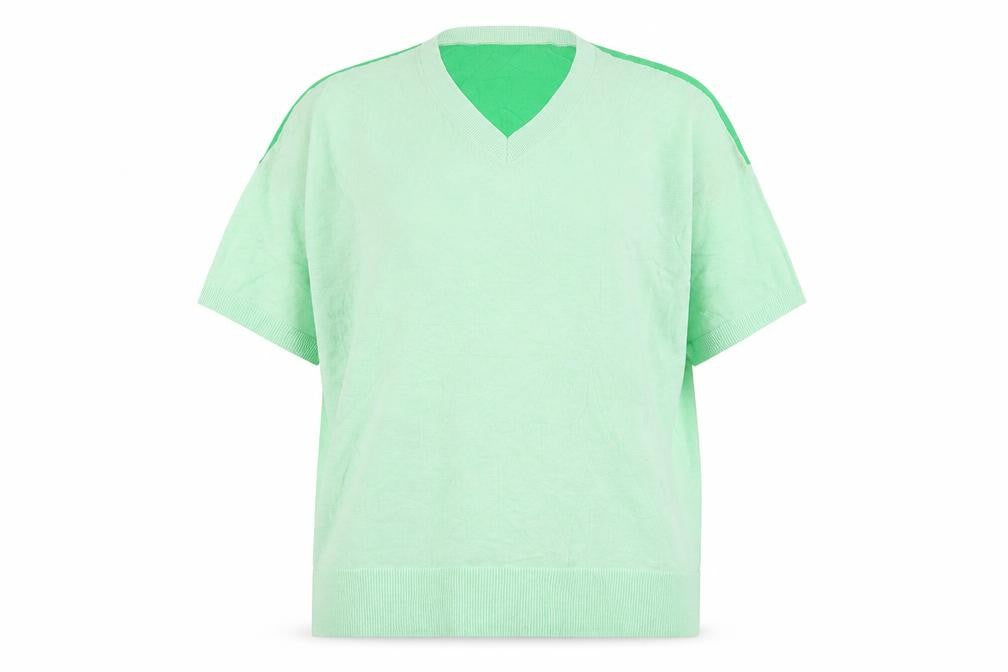 Front view of Marks & Spencer women’s green v-neck viscose jumper, size UK 14