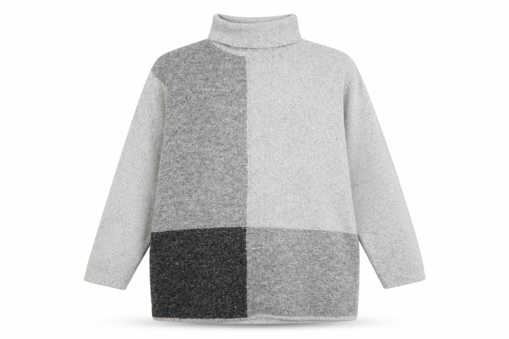 Front view of Primark women’s grey high neck striped polyester jumper, size M