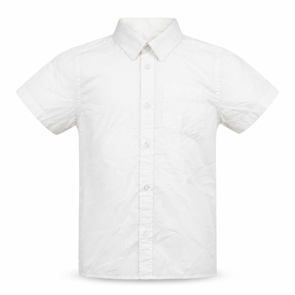 Front view of F&F boys’ white polyester basic button-up, size 9-10, years collared button