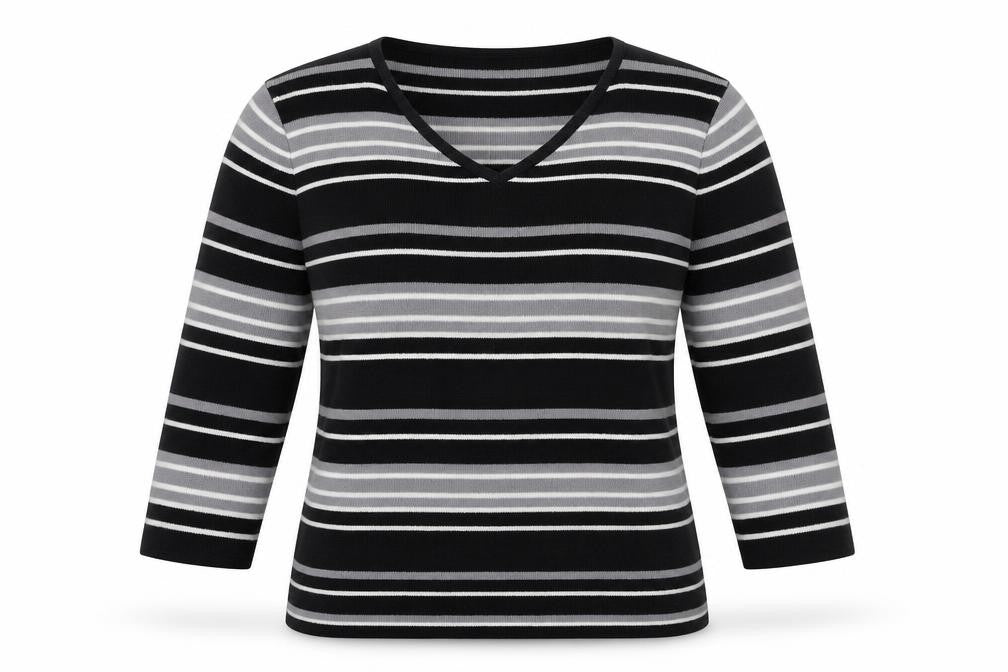 Front view of OPUS women’s multicoloured round neck striped acrylic jumper, size M