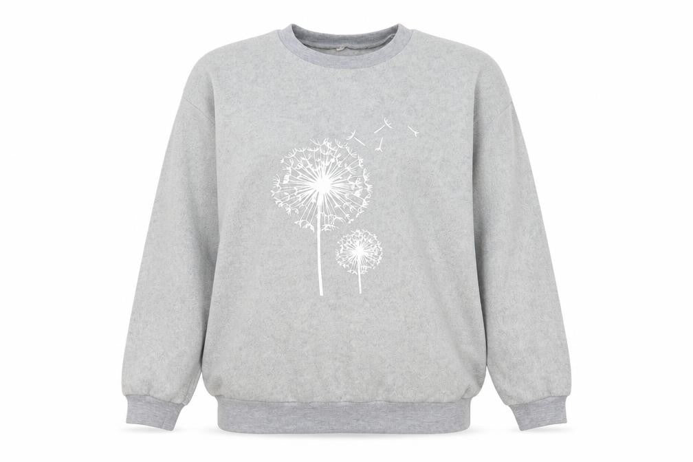 Front view of women’s grey polyester pullover sweatshirt, size L, - dandelion