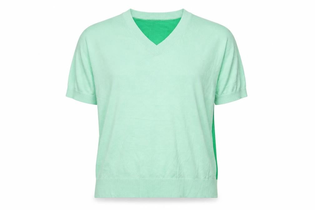 Front view of Marks & Spencer women’s green v-neck viscose jumper, size UK 14