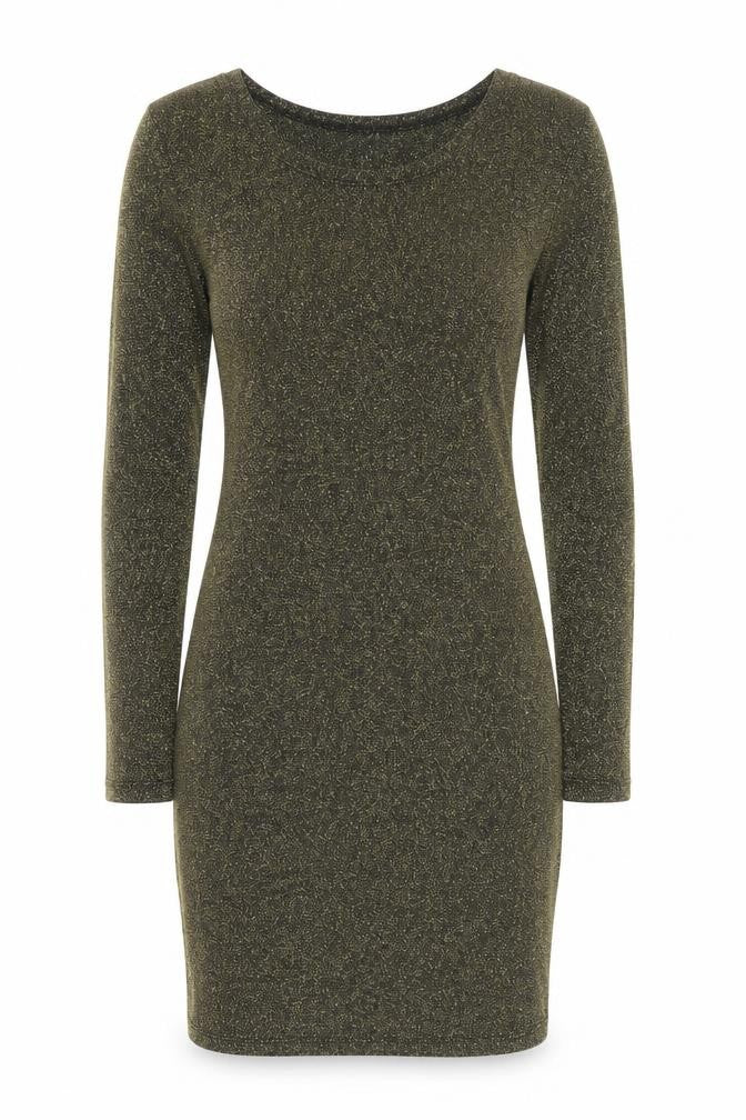 Front view of Atmosphere women’s gold polyester bodycon, size UK 10, scoop neck