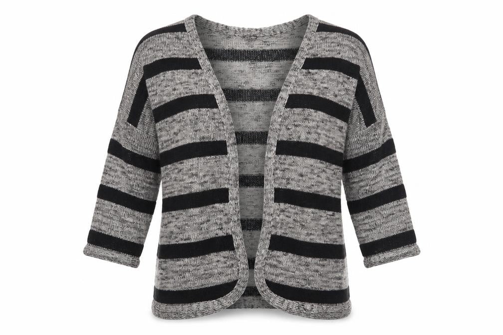 Front view of Atmosphere women’s beige v-neck striped polyester cardigan jumper, size S