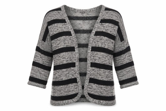 Front view of Atmosphere women’s beige v-neck striped polyester cardigan jumper, size S