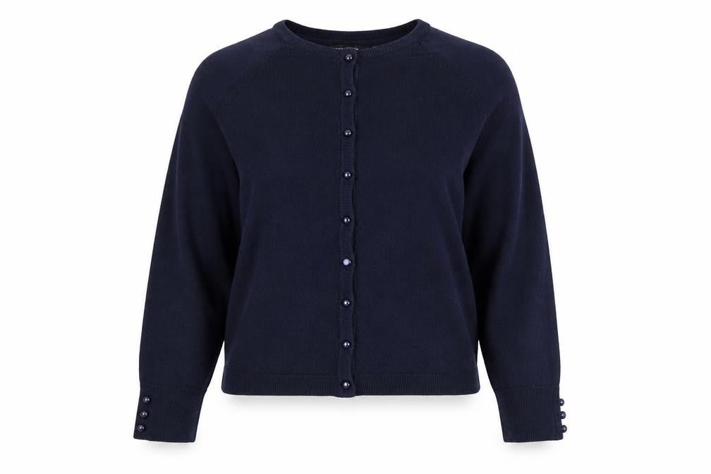 Front view of Mia Moda women’s blue round neck polyester cardigan jumper, size M