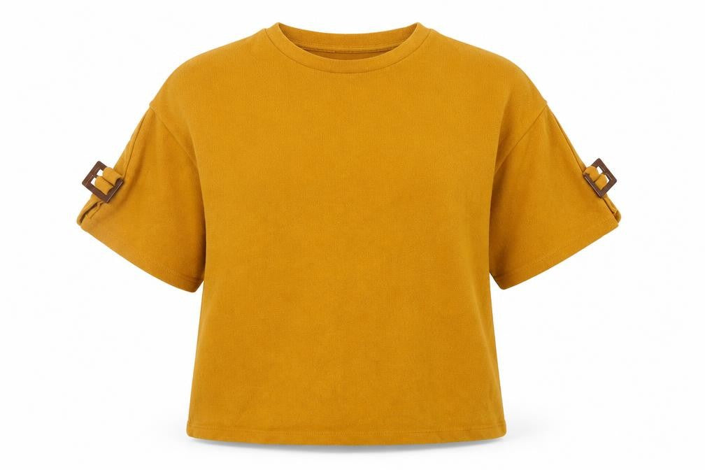 Front view of F&F women’s yellow round neck polyester jumper, size UK 12