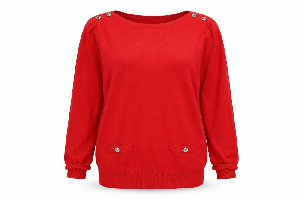 Front view of BHS women’s red round neck viscose jumper, size UK 14