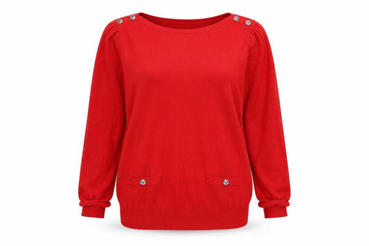 Front view of BHS women’s red round neck viscose jumper, size UK 14