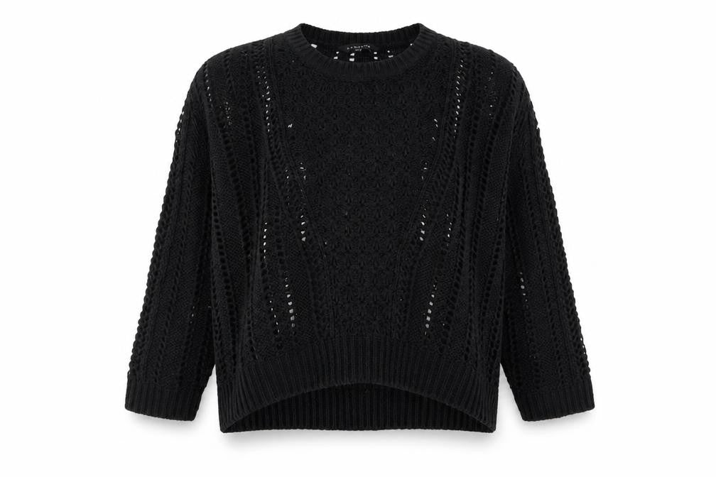 Front view of Peacocks women’s black round neck acrylic jumper, size M
