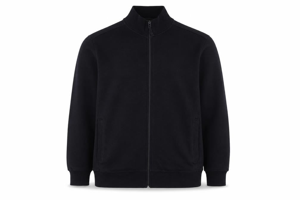 Front view of BM men’s blue polyester full zip sweatshirt, size XL
