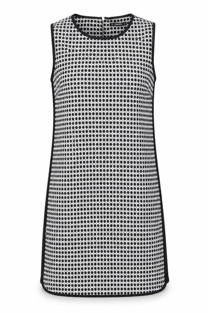 Front view of Dunnes women’s black geometric polyester shift, size UK 10, round neck zip