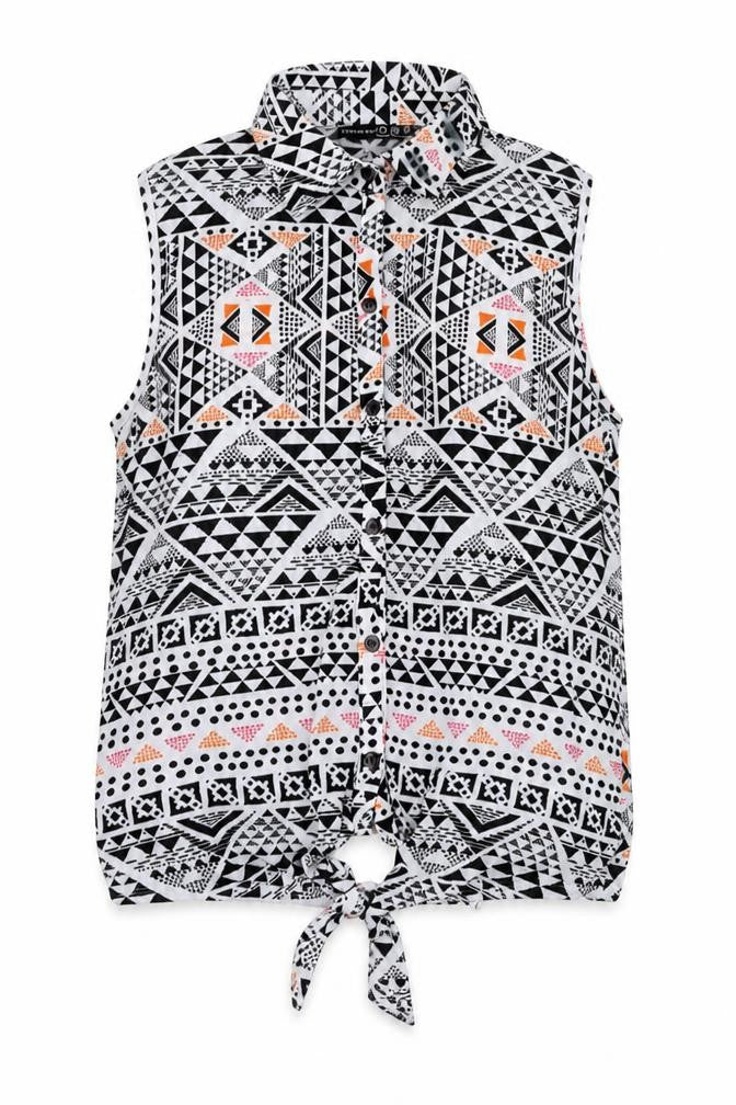 Front view of Atmosphere women’s white geometric polyester basic button-up, size UK 8, collared