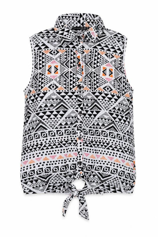 Front view of Atmosphere women’s white geometric polyester basic button-up, size UK 8, collared