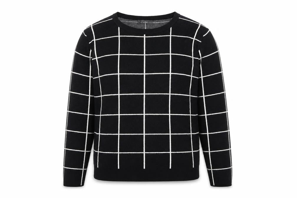 Front view of Peruggi women’s black round neck check viscose jumper, size UK 12