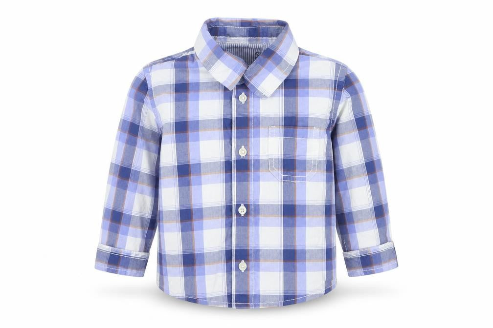 Front view of Matoral boys’ blue check cotton basic button-up, size 6-9, months collared button